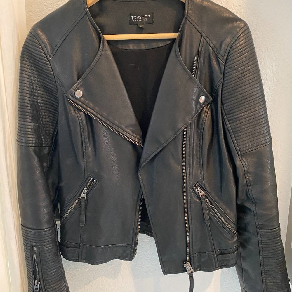 Topshop Black Leather Jacket, Size 4